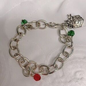 Vintage Holiday Charm Bracelet on Silver Tone Chain-Red/Green/Silver